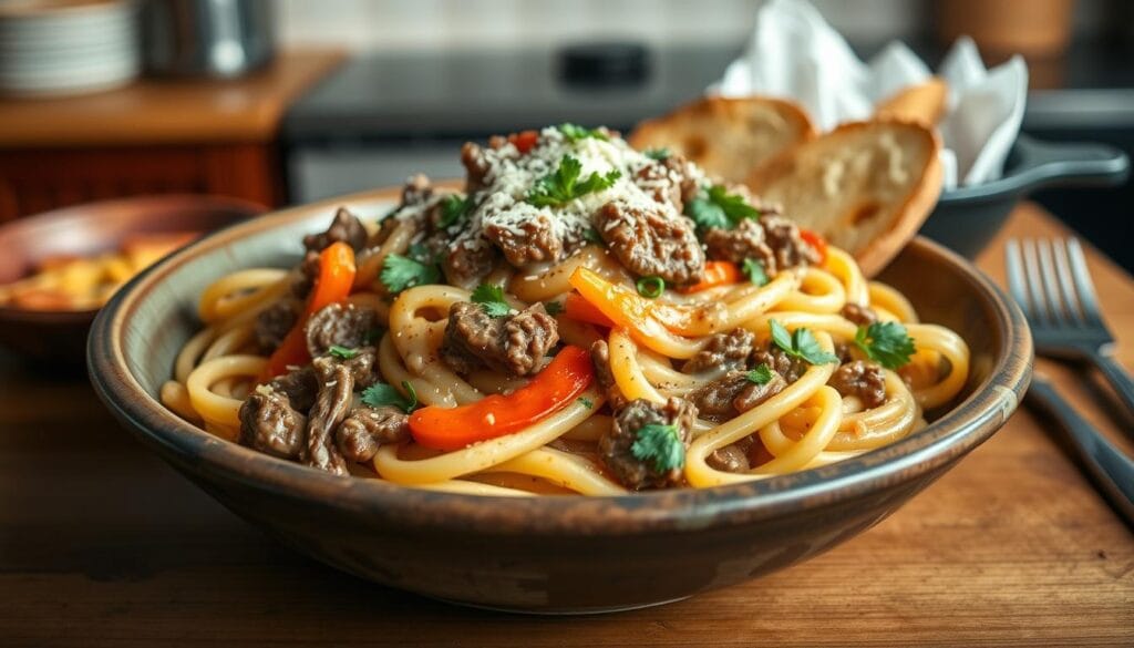 philly cheesesteak pasta dish