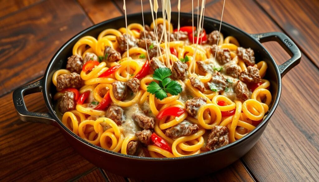 philly cheesesteak pasta skillet